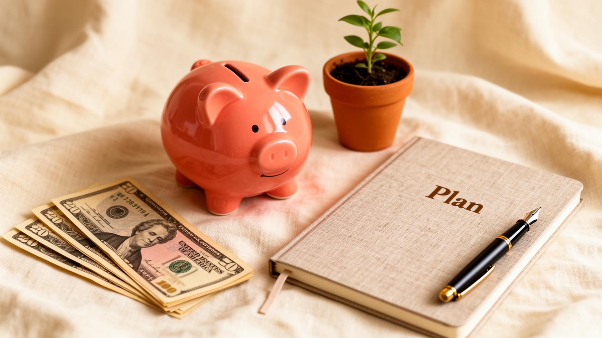 A leather coin pouch spilling gold coins beside a small terracotta pot with a sprouting plant